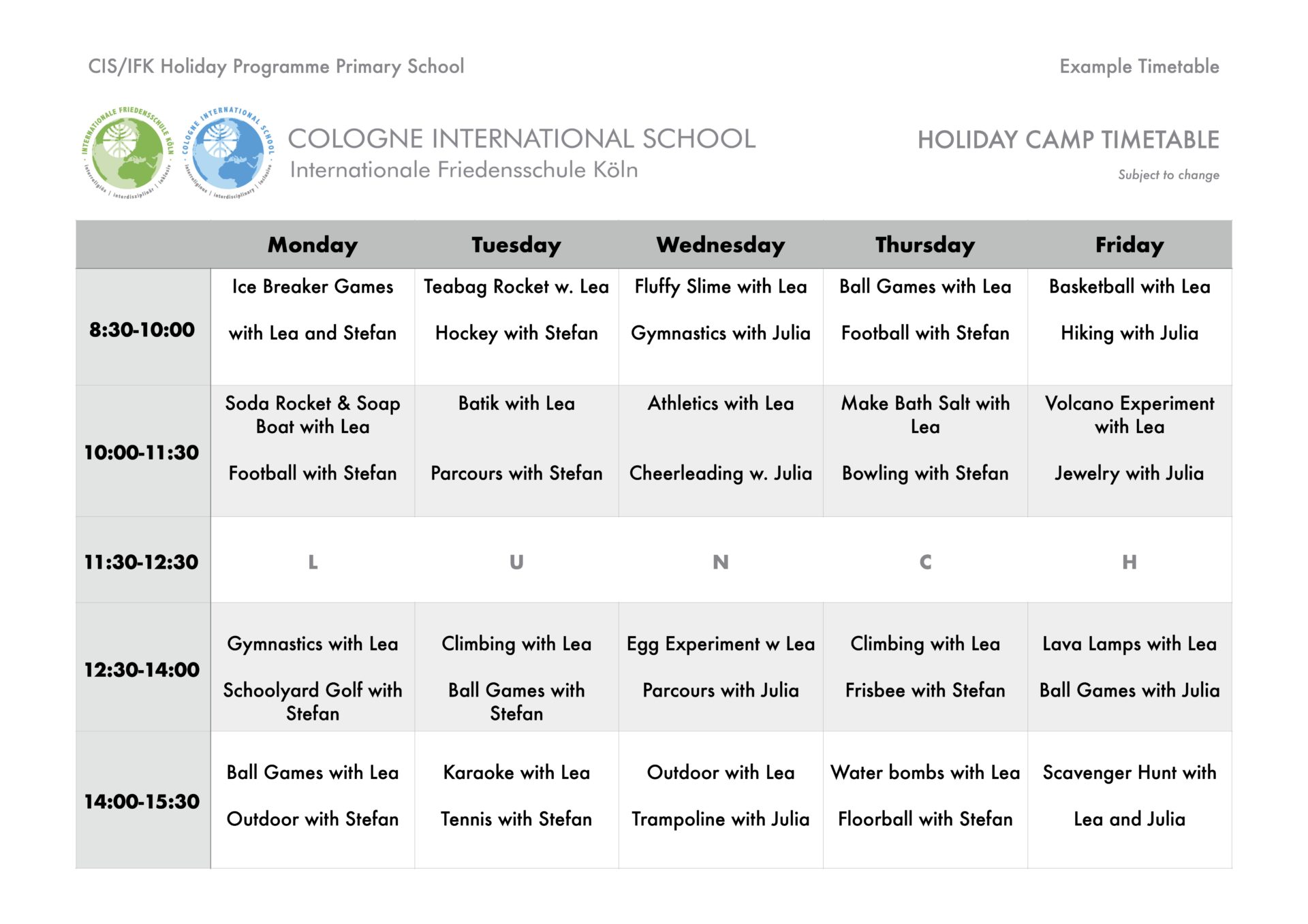 Holiday Camp Example Timetable
